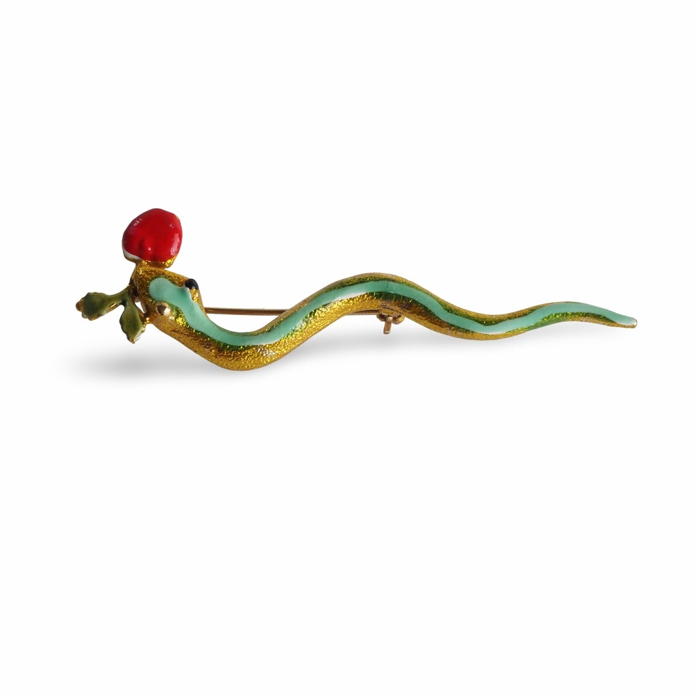 Vintage Chinese Cloisonne Enamel Snake Serpent Brooch Pin Flower Gold Tone